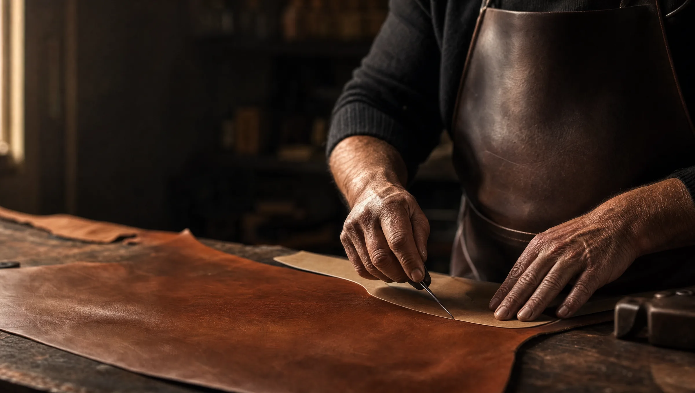 An artisan cutting a leather hide along a paper pattern